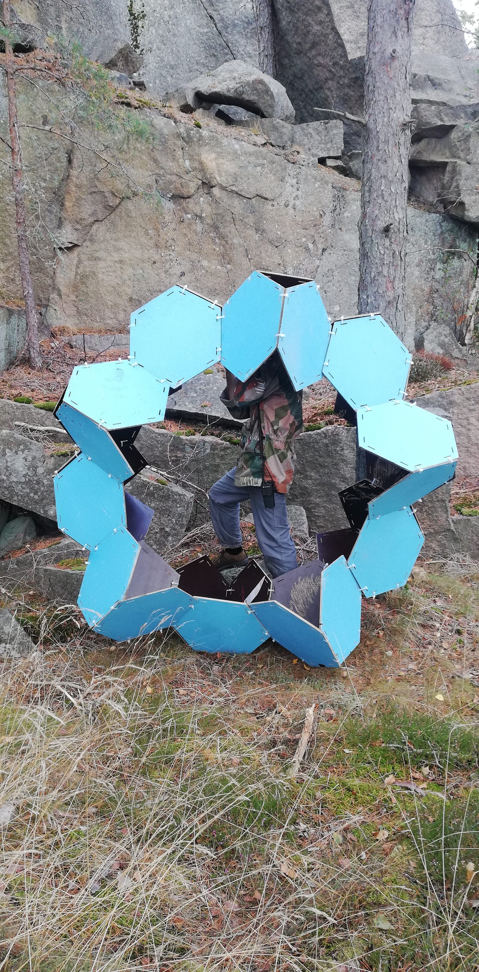 Hexagonal blue plywood structure among granite boulders and pines