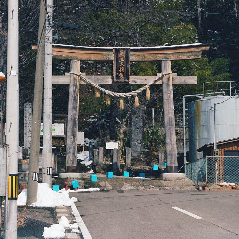 Torii gate in snow with a line of blue markers, Togatta